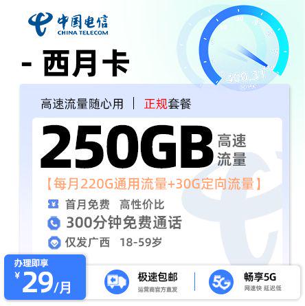 钦州电信西月卡29元享205G流量+300分钟通话