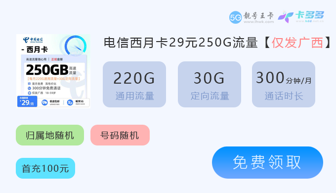 灵山电信流量卡办理地点在哪里啊多少钱一张？免费领取电信西月卡29元享250G流量